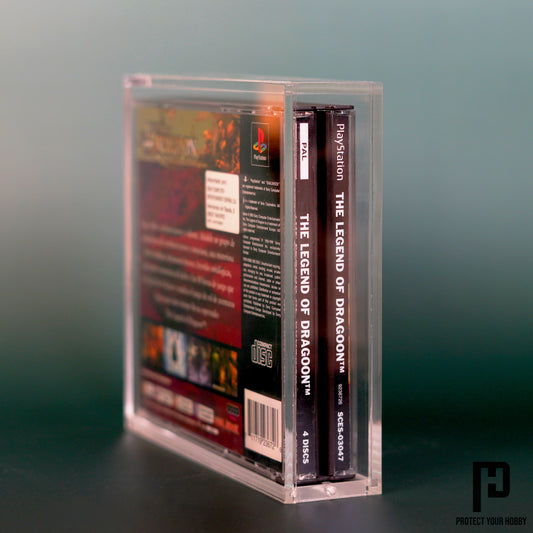 Vista lateral de la caja protectora de metacrilato para juegos de PlayStation 1 (caja doble)