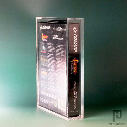 Vista lateral de la caja protectora de metacrilato para Sega Master System y Mega Drive