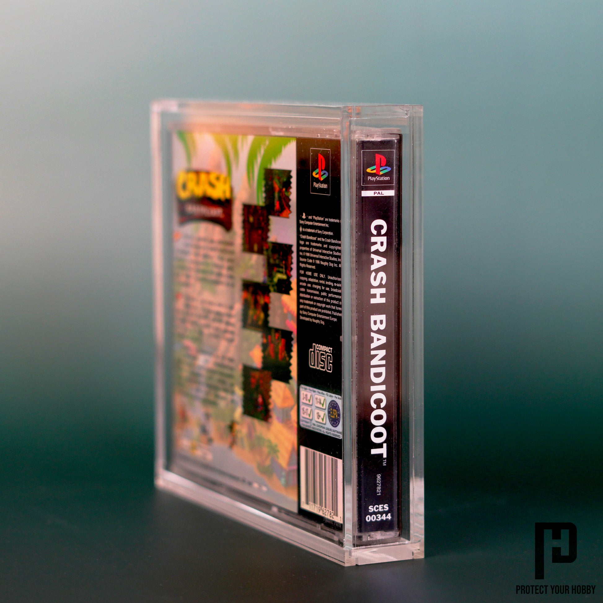 Vista lateral de la caja protectora de metacrilato para juegos de PlayStation 1