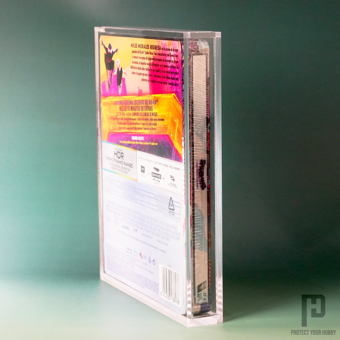 Vista lateral de la caja protectora de metacrilato para Blu-ray