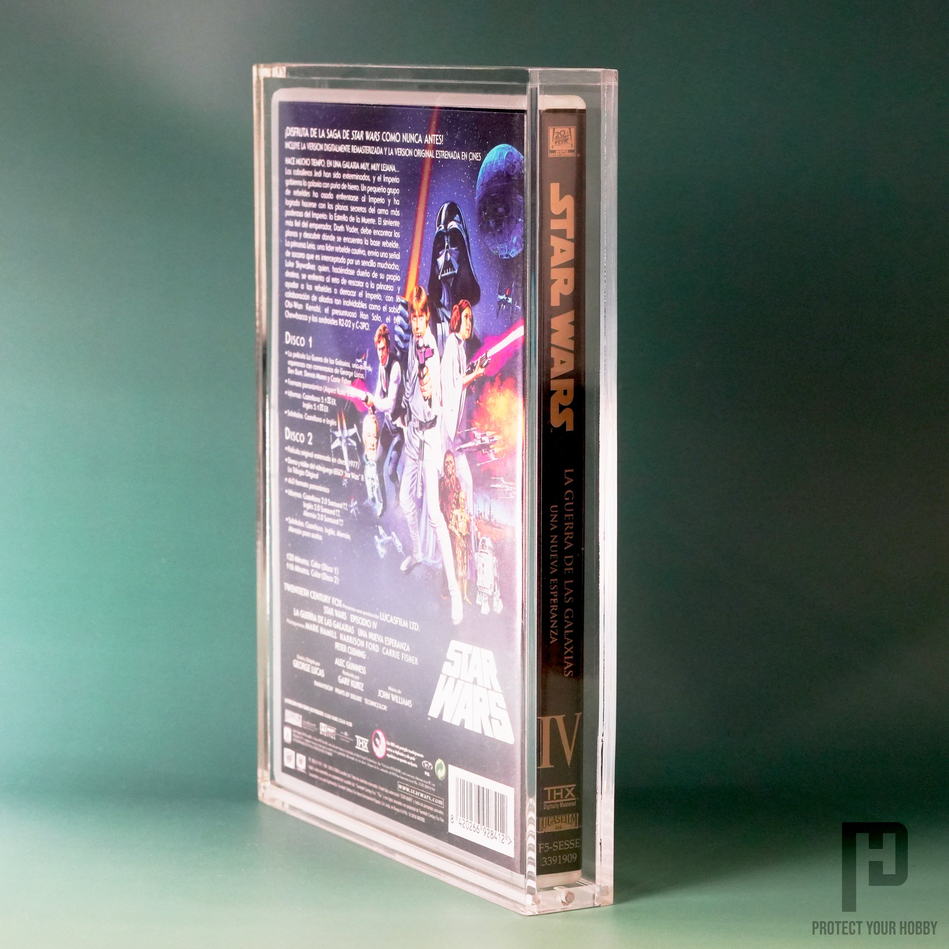 Vista lateral de la caja protectora de metacrilato para DVD