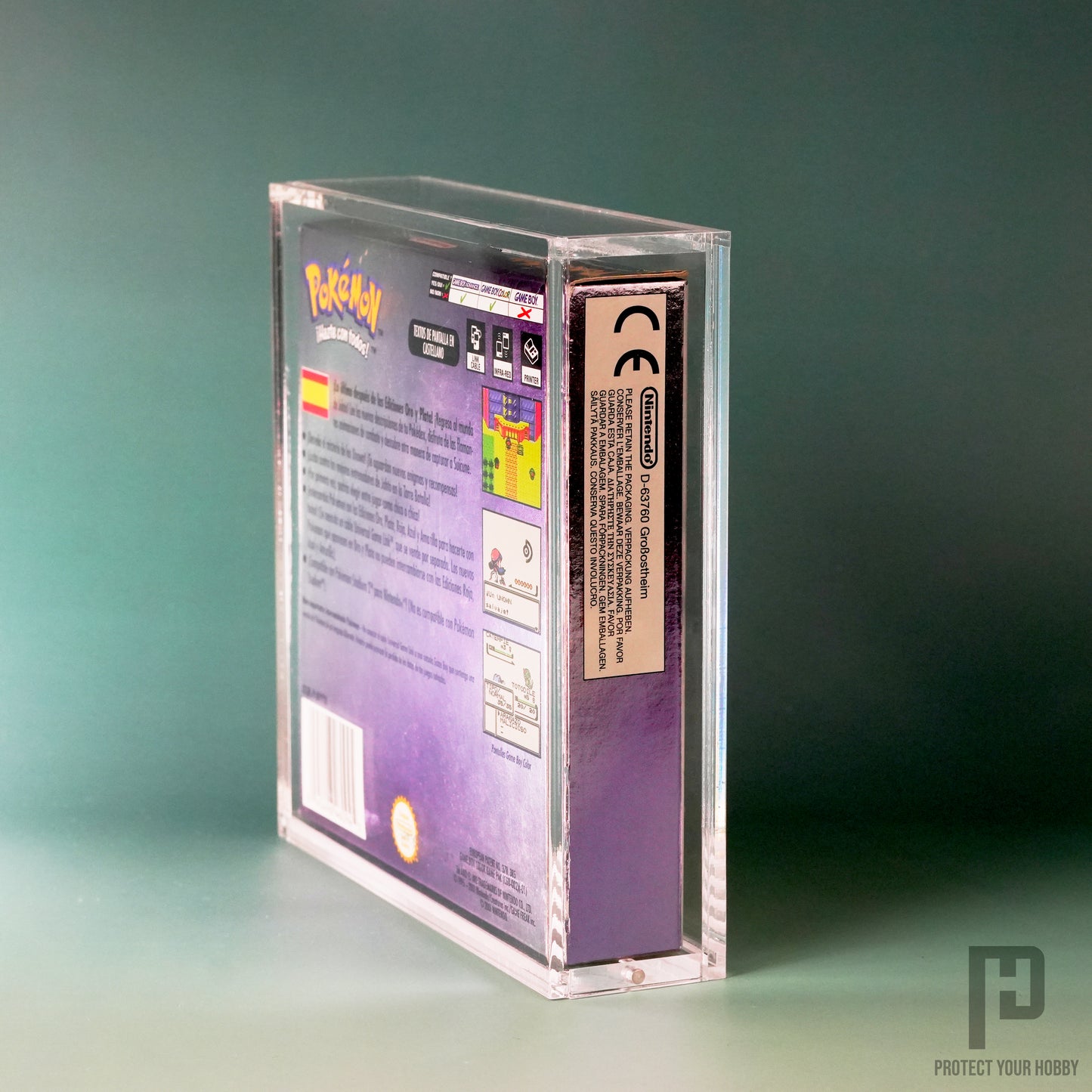 Vista lateral de la caja protectora de metacrilato para juegos de Game Boy