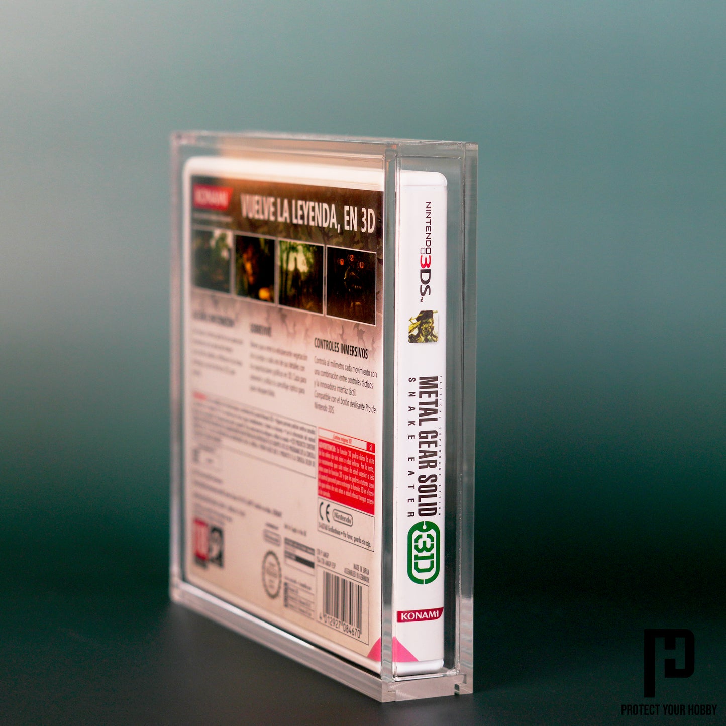 Vista lateral de la caja protectora de metacrilato para juegos de Nintendo 3DS