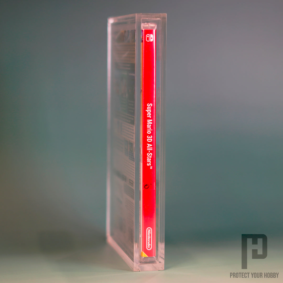 Vista lateral de la caja protectora de metacrilato para juegos de Switch