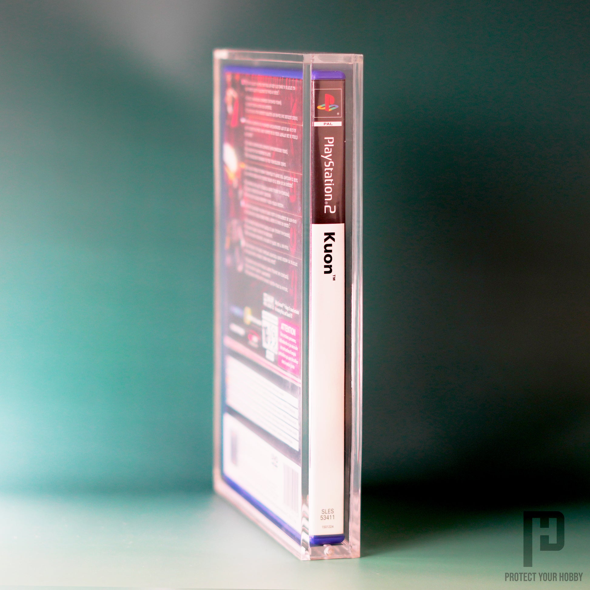 Vista lateral de la caja protectora de metacrilato para videojuegos formato estándar